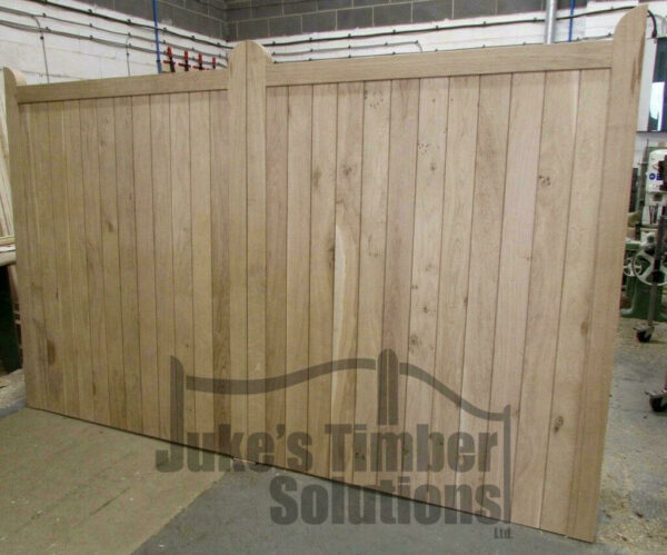 Oak driveway gate pictured in Juke's Timber Solutions workshop