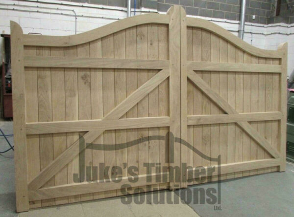 Rear of wooden oak swan neck driveway gates, showing morticing and tenoning details