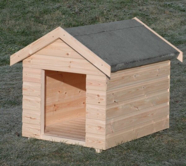A warm dog kennel with an apex roof, sat in grass