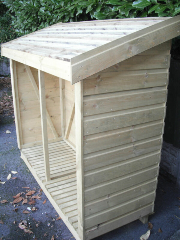 Side on view of a heavy duty shiplap wooden log or wood store