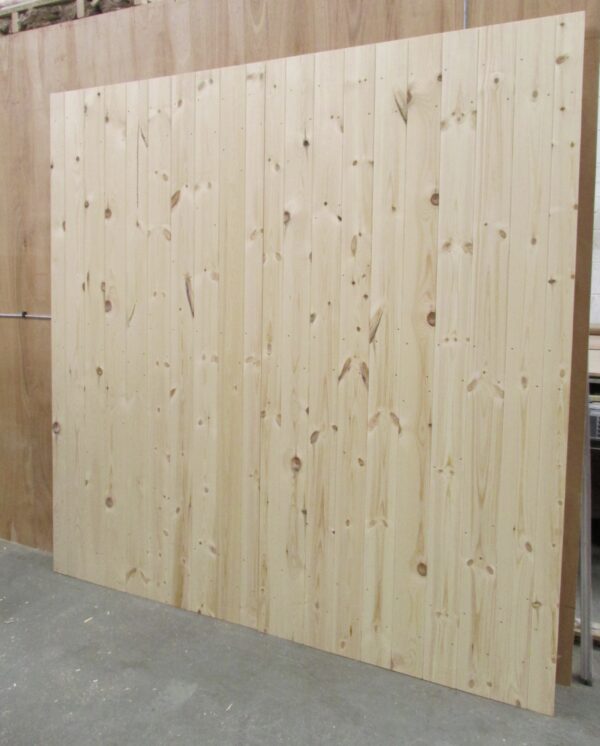 Flat top wooden driveway gates, pictured in Juke's Timber Solutions workshop