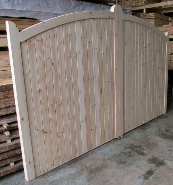 Softwood bowtop driveway gate in workshop