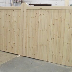 Softwood 6ft flat top driveway gates in workshop.
