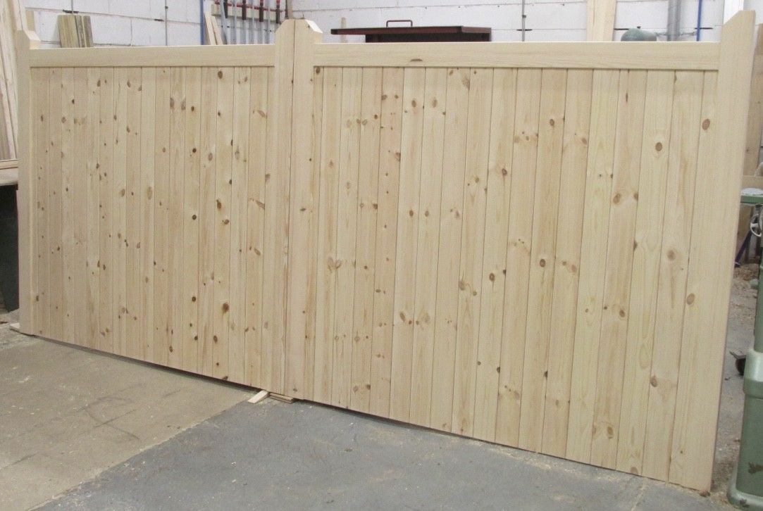 Softwood 6ft flat top driveway gates in workshop.
