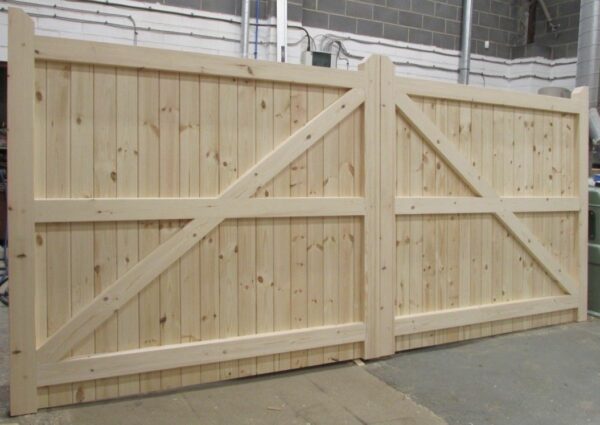 6ft softwood flat top driveway gates, morticed and tenoned, in workshop