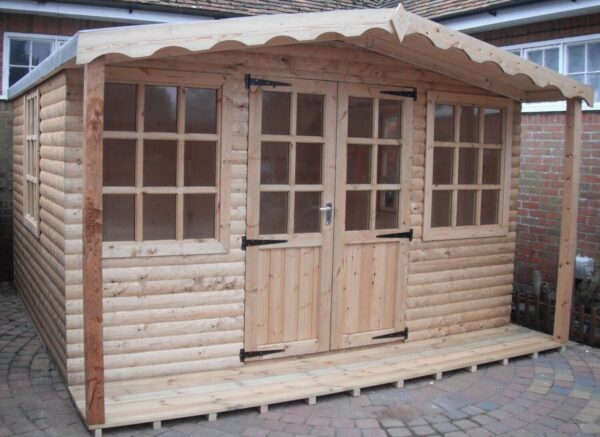 Offset View of 12ft x 12ft Wooden Summer House with 2ft Veranda