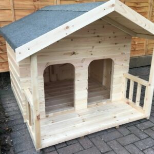 Wooden dog kennel with double door and veranda