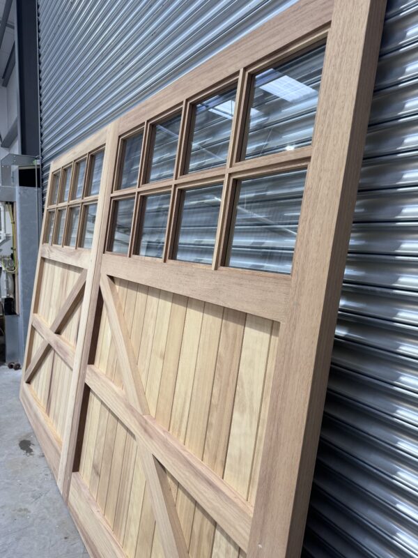 Rear of a set of glazed Iroko 16 pane garage doors
